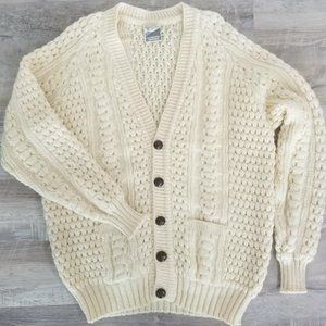 Patrick Maguire 47" Pure Wool Fisherman Sweater Chunky Ivory Cardigan Button